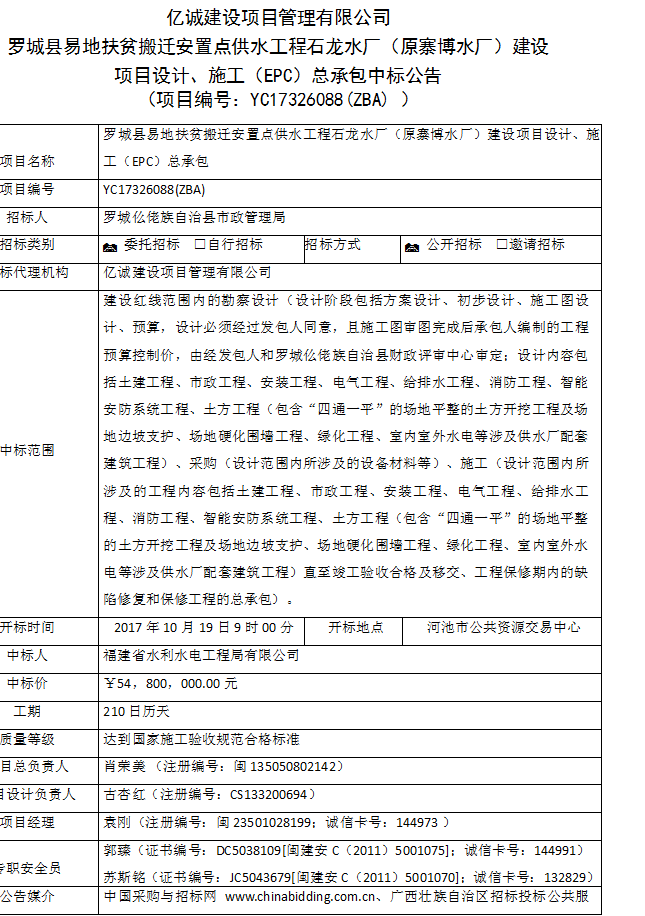 招標代理機構，中標公告