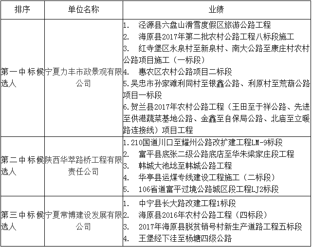 中標候選人在投標文件中填報的項目業績