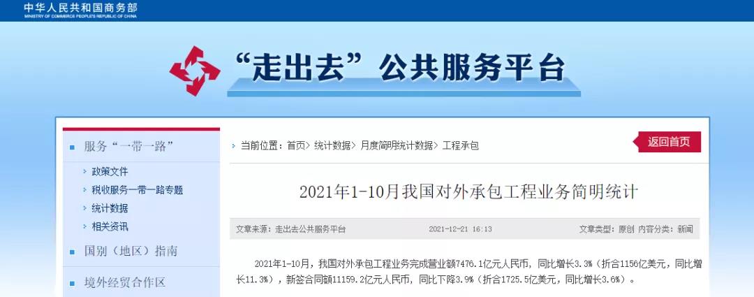 商務部：1-10月，我國對外承包工程業務完成營業額7476.1億元！